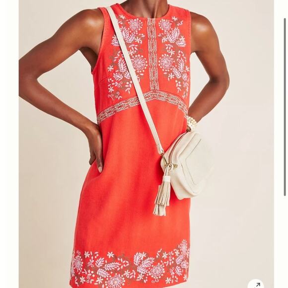 Anthropologie Dresses & Skirts - Anthropologie Womens Aiko Embroidered Shift Dress Size 0  Red Linen Blend